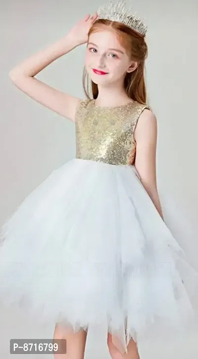 Pretty Mono Net White And Golden Sequined Frock For Girls