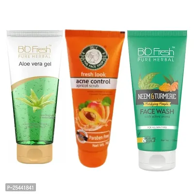FRESH LOOK  acne control apricot scrub B I O F R E S H Organic Aloe Vera Gel  BioFresh Neem  Turmeric Face Wash COMBO