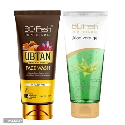 B I O F R E S H Organic Aloe Vera Gel Biofresh Ubtan Face Wash For Skin Whitening With Almond  Herbal Extracts For All Skin Types COMBO-thumb0