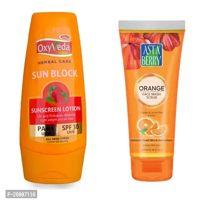 Simco Oxyveda Sun Block Sunscreen Lotion Astaberry Vitamin C Face Wash Scrub COMBO-thumb0