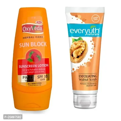 Simco Oxyveda Sun Block Sunscreen Lotion Everyuth Naturals Exfoliating Walnut Scrub COMBO
