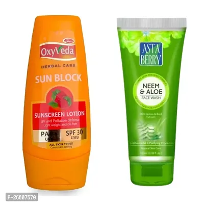 Simco Oxyveda Sun Block Sunscreen LotionASTABERRY Neem  Aloe Deep Cleansing Face Wash COMBO