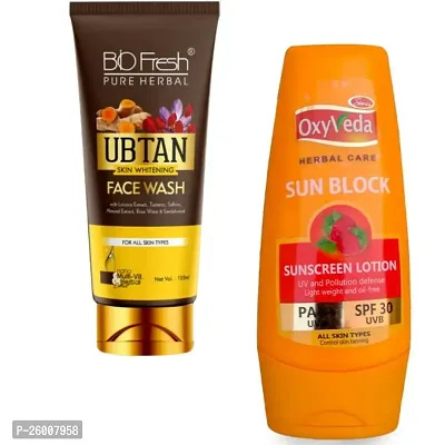 Simco Oxyveda Sun Block Sunscreen Lotion Biofresh Ubtan Face Wash COMBO