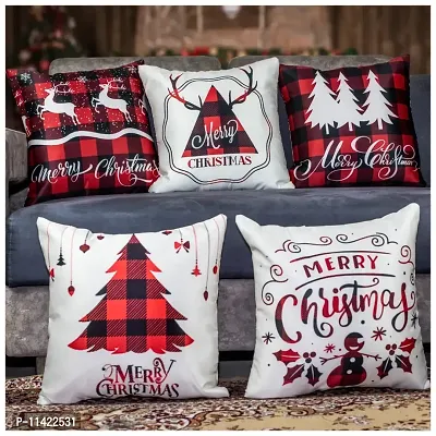 Vendola Merry Christmas Decorative Printed Satin Cushion / Throw / Pillow Covers (Multicolour) Set of 5 Pieces (16X16 Inches with Fillers, Deers)-thumb2