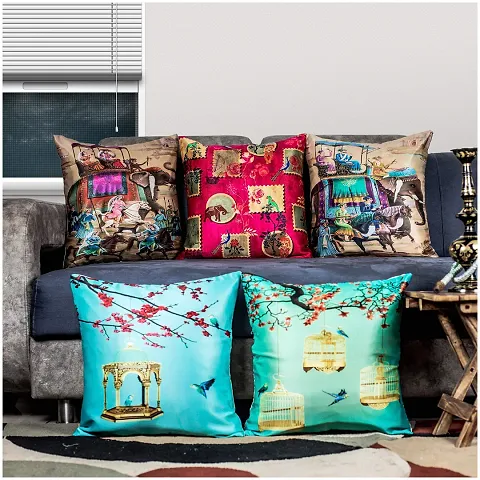 Vendola Rajasthani Chariots Decorative Printed Satin Cushion / Throw / Pillow Covers (Multicolour) Set of 5 Pieces (16X16 Inches)