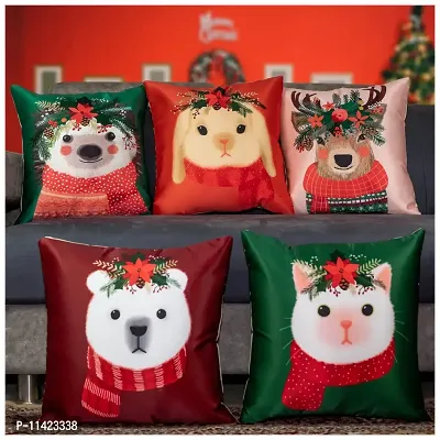 Vendola Merry Christmas Decorative Printed Satin Cushion / Throw / Pillow Covers (Multicolour) Set of 5 Pieces (20X20 Inches, Moose)