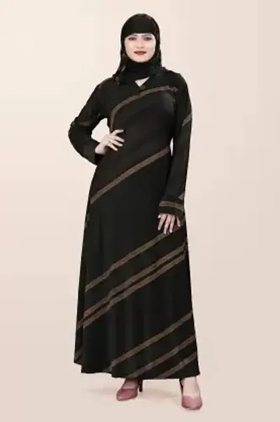 Bhumi fab Blackgold embossed Lycra Blend Striped Burqa With Hijabnbsp;nbsp;(Black)