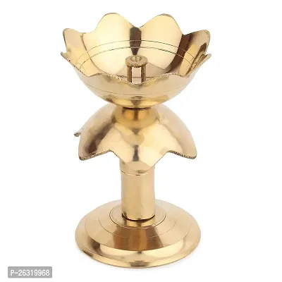 DOKCHAN Pure Brass 4 Inch Lotus Stand Diya for Puja Temple Decoration Diya Pack of 2 for Home Brass Table Diya (Height: 4 inch)-thumb0