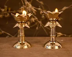 DOKCHAN Pure Brass 4 Inch Lotus Stand Diya for Puja Temple Decoration Diya Pack of 2 for Home Brass Table Diya (Height: 4 inch)-thumb1