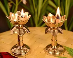 DOKCHAN Pure Brass 4 Inch Lotus Stand Diya for Puja Temple Decoration Diya Pack of 2 for Home Brass Table Diya (Height: 4 inch)-thumb3