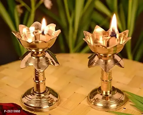 DOKCHAN Pure Brass 4 Inch Lotus Stand Diya for Puja Temple Decoration Diya Pack of 2 for Home Brass Table Diya (Height: 4 inch)-thumb4