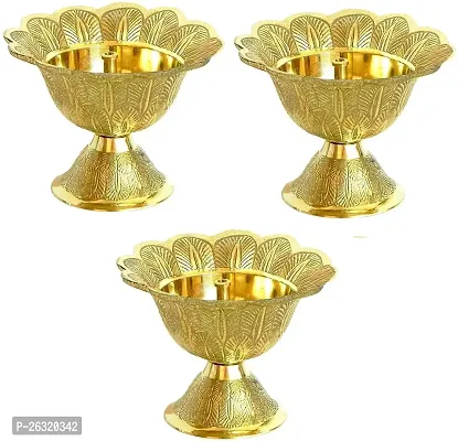 Dokchan Brass Diya for Puja Small Size Akhand Jyot Diya for Pooja, Heavy Base Aarti Diya (Pack of 03)-thumb0