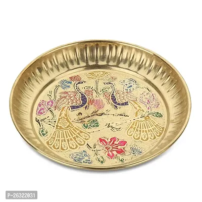 Dokchan Pure Brass Peacock Thali | Peacock Designer Brass Plate | Premium Peacock Design Pooja thali (Size - 7 inches)-thumb0