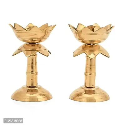 DOKCHAN Pure Brass 4 Inch Lotus Stand Diya for Puja Temple Decoration Diya Pack of 2 for Home Brass Table Diya (Height: 4 inch)-thumb3