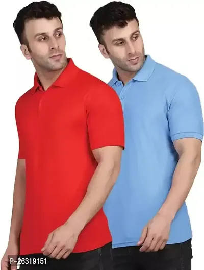 DOKCHAN Men's Cotton Blend Stylist Slim Fit Collar Neck Polo Red and Sky Blue T-Shirt Combo (Size - S) Pack of 2 Red-Sky