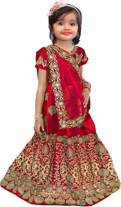 LUTION Girl's Tafetta satin Semi-stitched Lehenga Choli and Dupatta set