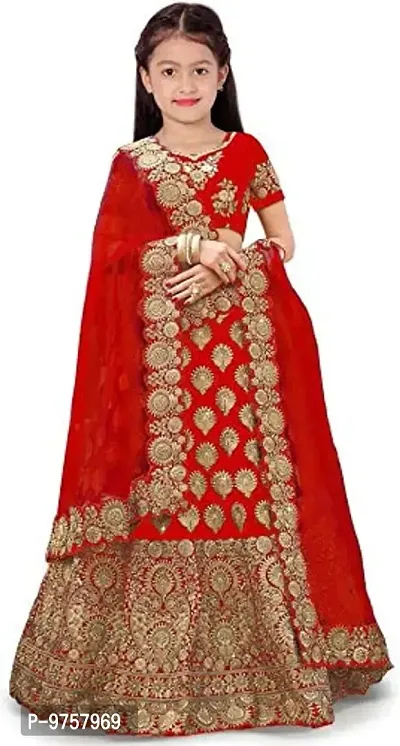 LUTION Girl's Taffeta Silk Semi Stitched Heavy Work Lehenga Choli Indian Etheric wear for Girls (4-15) years (14-15 Years, RED)