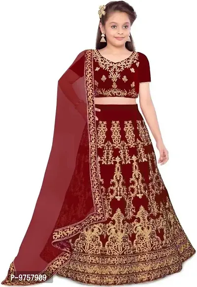 Girls Embroidered Tafeta Silk Semi Stitched  Lehenga Choli Set-thumb0