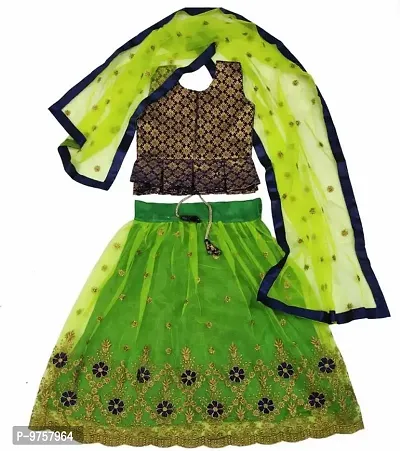 LUTION Stain Raw Silk Net Designer Girls Lehenga Choli Stitched 2-15Year|| (13-14 Years, PAROOT GREEN)