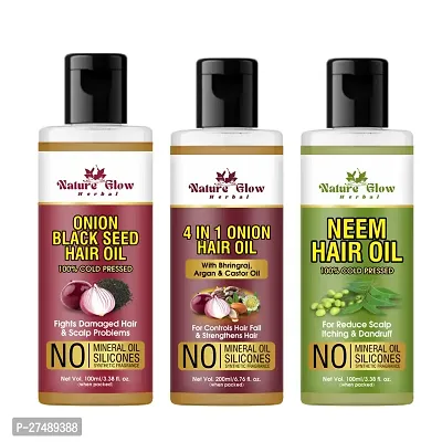Nature Glow Herbal ONION WITH BLACK SEED HAIR OIL+ 4 in 1 Hair oil +Neem Oil Pack of 3 Hair Oil  (300 ml)