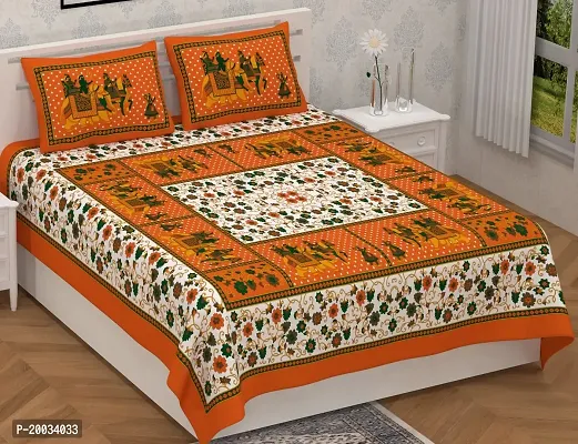 Shree SD Creation Printed Cotton Orange GANGOR Queen Orange Set of 3 Pieces (1 Double Bed Sheet + 2 Pillow Cover)-thumb0