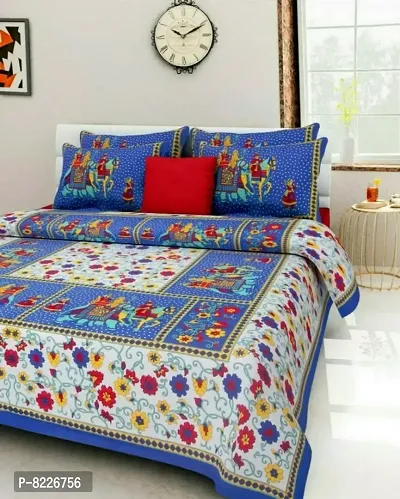 Stunning Rajasthani Jaipuri Cotton Printed Double Bedsheets With Two Pillow Covers-thumb0