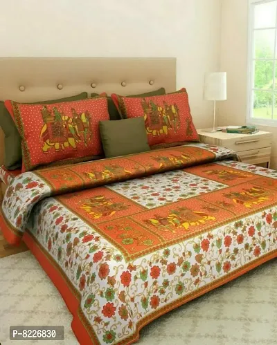 Stunning Rajasthani Jaipuri Cotton Printed Double Bedsheets With Two Pillow Covers-thumb0