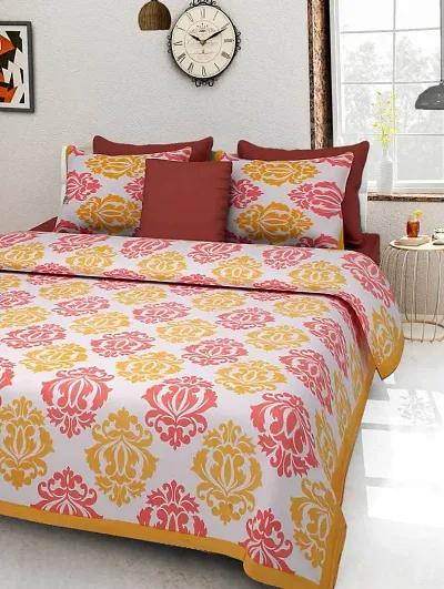 Multicoloured Printed Cotton Double Bedsheet with 2 Pillow Cover