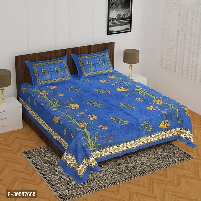 Classy Cotton Printed Blue Double Bedsheets With 2 Pillow Covers-thumb0