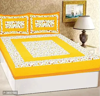 Classy Cotton Printed Yellow Double Bedsheets With 2 Pillow Covers-thumb0