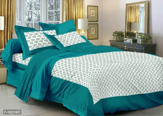 Comfortable Cotton Jaipuri Printed Flat Double Bedsheet with 2 Pillow Covers-thumb0