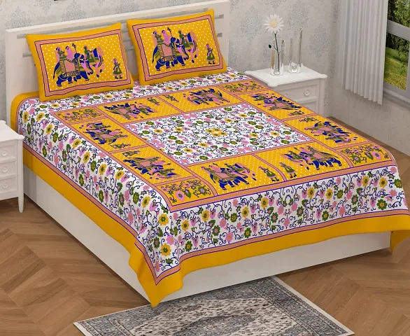 Shree SD Creation Jaipuri Prints Cotton ssd Yellow gangour Queen Yellow 1 Double Bed Sheet + 2 Pillow Cover