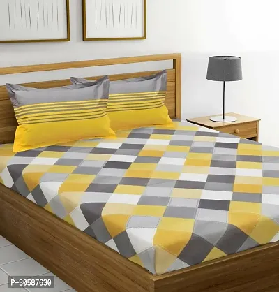 Classy Cotton Printed Yellow Double Bedsheets With 2 Pillow Covers-thumb0