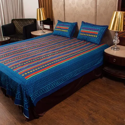 Shree SD Creation Jaipuri Prints Cotton SSD Blue Zigzag Queen Blue Set of 3 Pieces (1 Double Bed Sheet + 2 Pillow Cover)