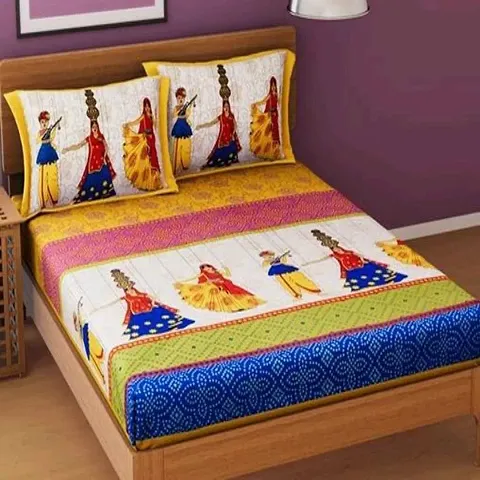 Queen Size Cotton Ethnic Printed Bedsheet with 2 Pillow Covers