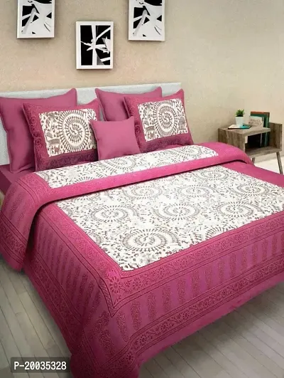 Shree SD Creation Jaipuri Prints Cotton Sanganeri Bedsheet Double Pink Set of 3 ( 1 Bedsheet +2 Pillow)-thumb0