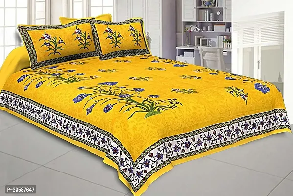 Classy Cotton Printed Yellow Double Bedsheets With 2 Pillow Covers-thumb0