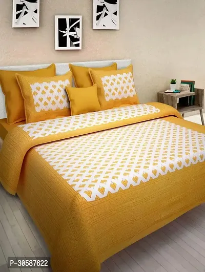 Classy Cotton Printed Yellow Double Bedsheets With 2 Pillow Covers