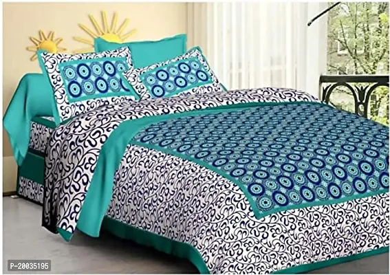 Shree SD Creation Jaipuri Prints Cotton Sanganeri Bedsheet Double Green 1 Bedsheet 3 Pillow