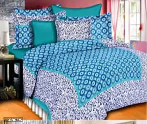 Classy Cotton Printed Blue Double Bedsheets With 2 Pillow Covers-thumb0