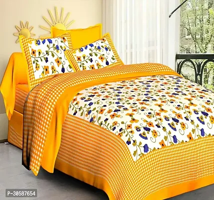 Classy Cotton Printed Yellow Double Bedsheets With 2 Pillow Covers-thumb0