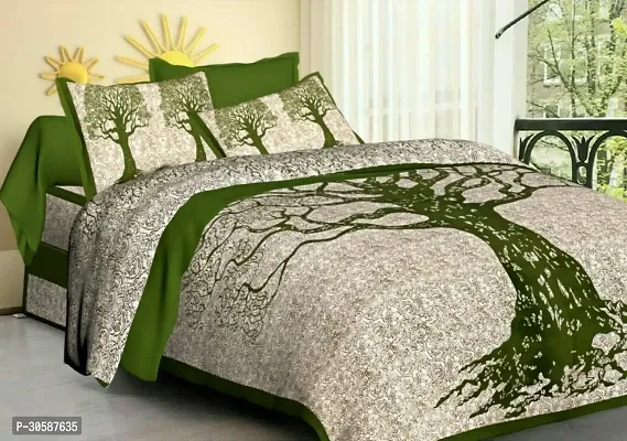 Classy Cotton Printed Green Double Bedsheets With 2 Pillow Covers-thumb0