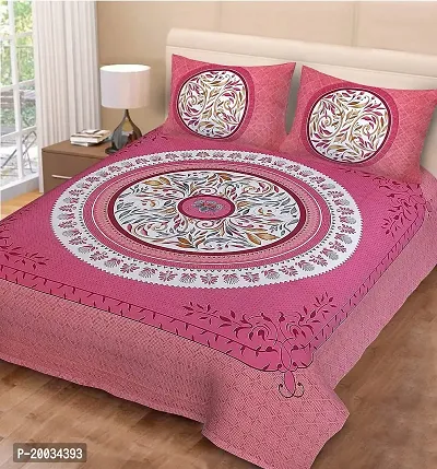 Shree SD Creation Jaipuri Prints Cotton SSD CHAKRI Queen Peach Set of 3 Pieces (1 Double Bed Sheet + 2 Pillow Cover)