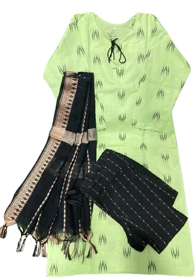 Stylish A-Line Self Pattern Cotton Kurta With Bottom And Dupatta Set