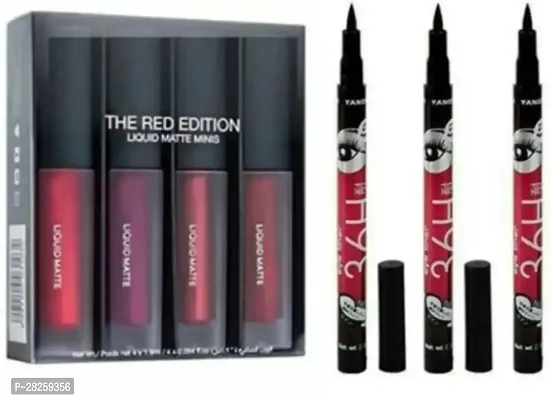 Pack Of 4 Liquid Lipstick Smudge Proof Matte With 3Pcs 36H Eyeliner