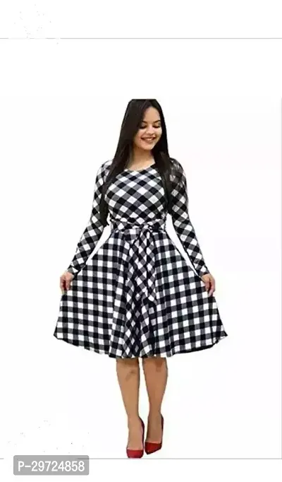 Stylish Black And White Crepe Checked A-Line Dress For Women-thumb0