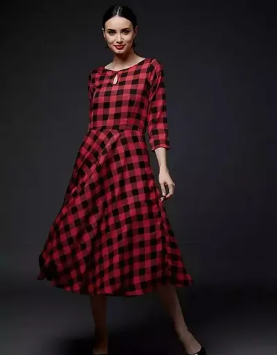 Stylish Crepe Checked A-Line Dress For Women