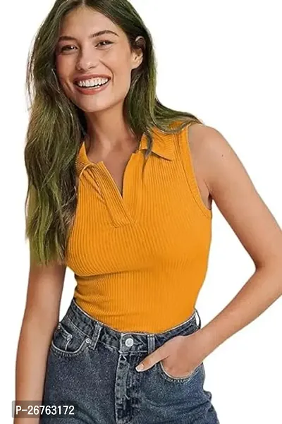 Elegant Yellow Cotton Solid Sleeveless Top For Women-thumb0