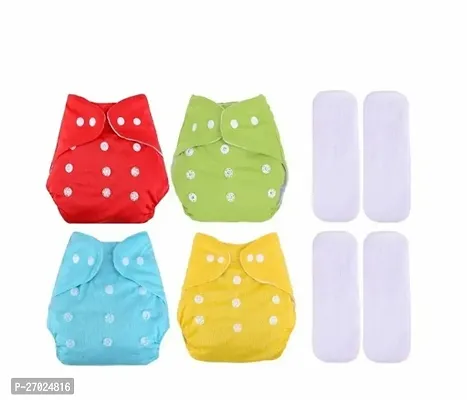 Washable Baby Diaper Premium Cloth Diaper Reusable Adjustable Size Waterproof Cloth Diaper Nappi (Pack of 4 Cloth Diaper + 4 White Insert, multicolor)-thumb0