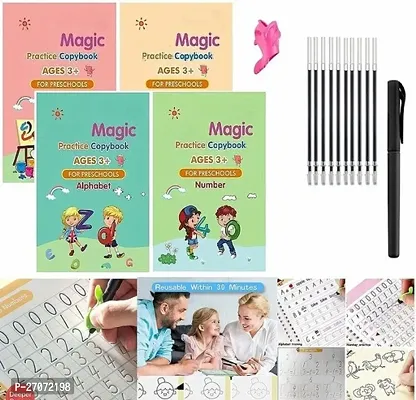 Magic Practice Copybook, Number Tracing Book for Preschoolers with Pen, Magic Calligraphy Copybook Set Practical Reusable Writing Tool Simple Hand Lettering (4 BOOK + 10 REFILL+ 1 Pen + 1 Grip)-thumb0